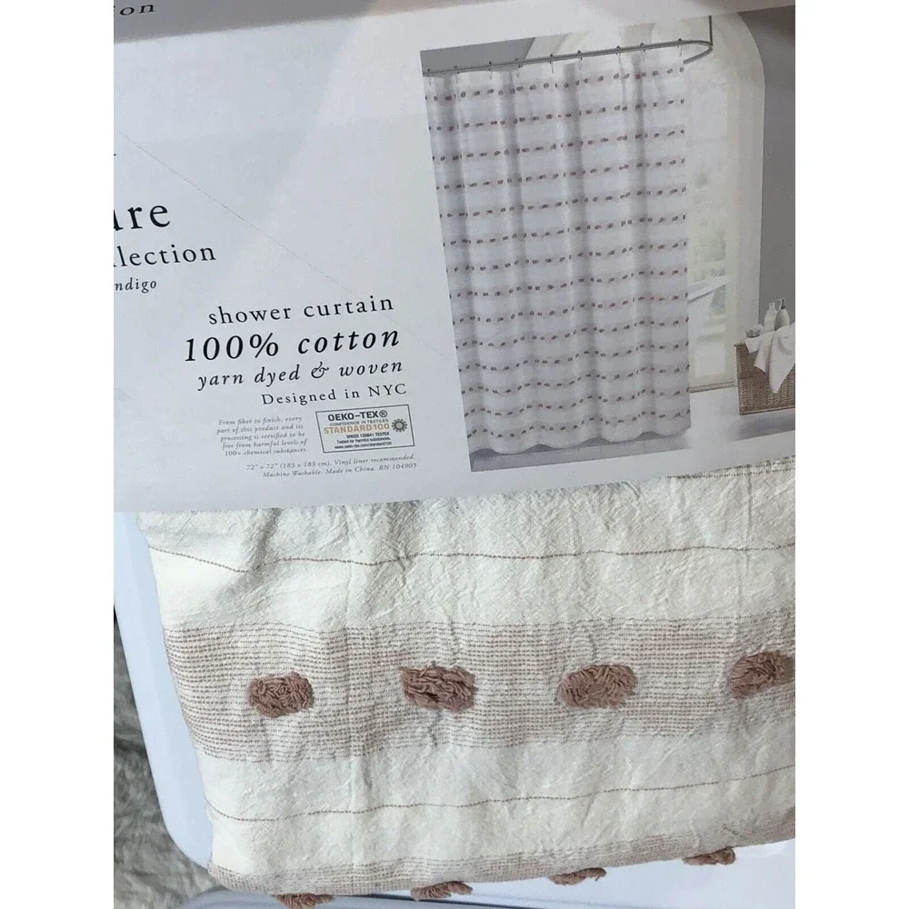 The Pure Collection Fabric Shower Curtain Ivory/ Textured Mauve Tufts Cotton New